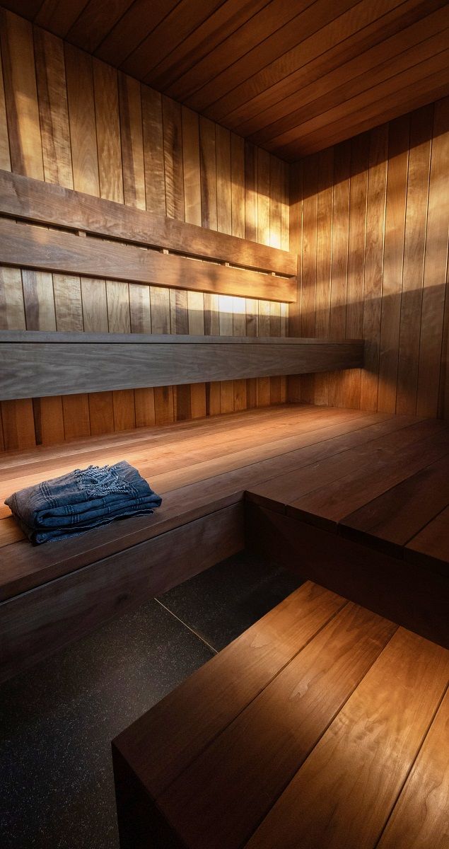 The sauna is beautifully lit by natural light from the window, and indirectly by LED strip lights on the benches under the seating area and the staircase.